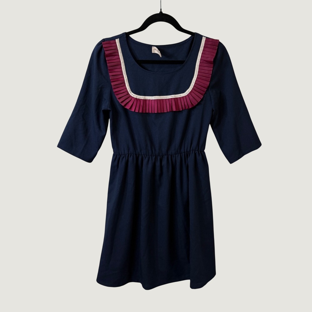 Miss Patina London Navy Blue Pleated Bib Lace Trim Fit & Flare Dress Womens S/M